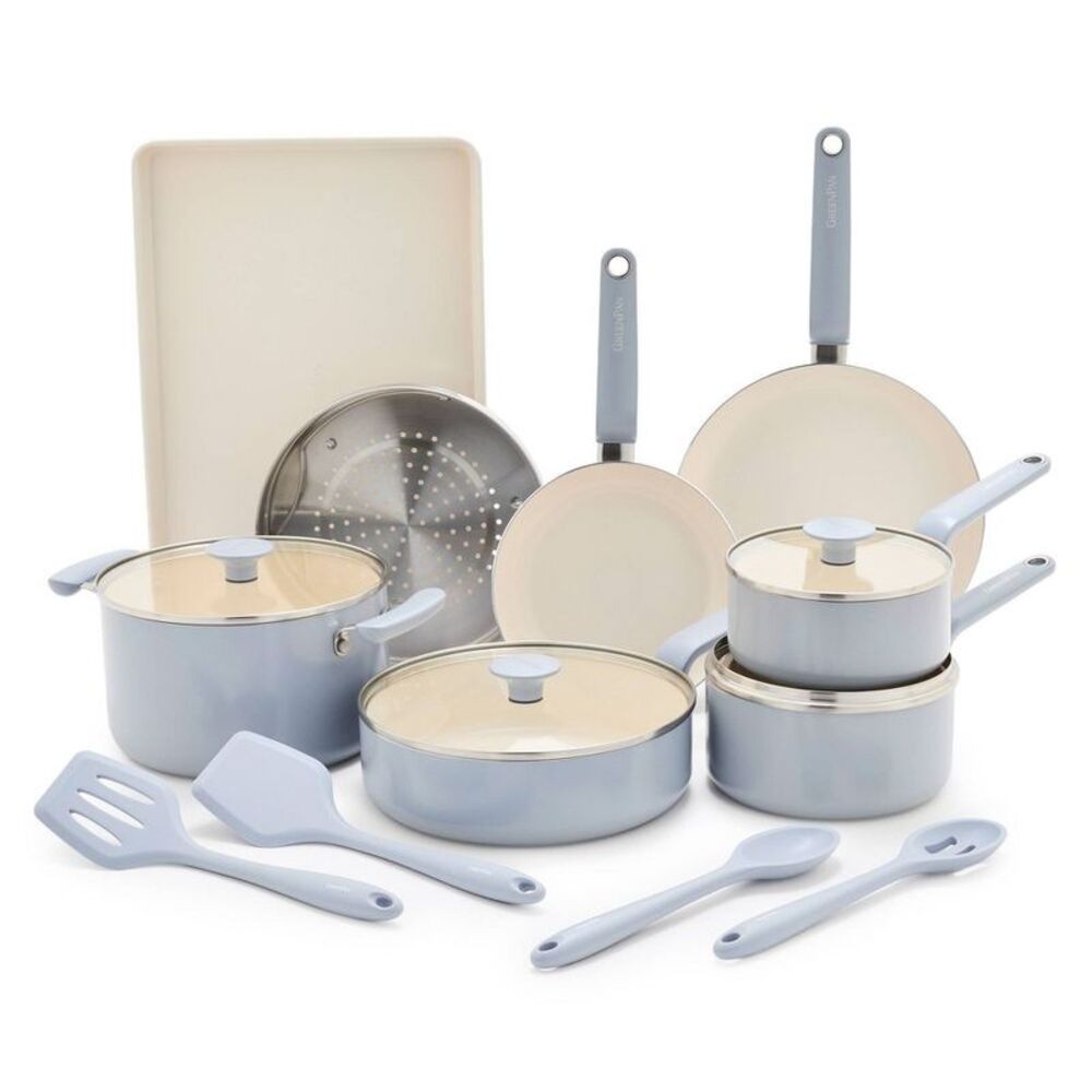 GreenPan Rio Advanced 16pc Ceramic Nonstick Cookware Set Stardew Blue